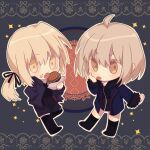  2girls :p akanbe artoria_pendragon_(fate) black_dress black_footwear black_jacket black_ribbon black_socks blonde_hair blue_jacket burger chibi dress eyelid_pull fate/grand_order fate_(series) food food_on_face full_body fur-trimmed_jacket fur_trim hair_ribbon highres holding holding_food jacket jeanne_d&#039;arc_alter_(fate) jeanne_d&#039;arc_alter_(ver._shinjuku_1999)_(fate) looking_at_viewer low_ponytail medium_hair multiple_girls o-u open_mouth ribbon saber_alter_(ver._shinjuku_1999)_(fate) short_hair socks tongue tongue_out yellow_eyes 