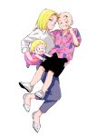  1boy 2girls :d android_18 bald black_shorts blonde_hair blue_eyes blue_pants blush carrying child closed_mouth collared_shirt commentary_request denim dragon_ball dragon_ball_super dress earrings eyelashes family father_and_daughter floral_print grin hand_on_another&#039;s_shoulder hand_up hawaiian_shirt husband_and_wife jeans jewelry kuririn long_sleeves looking_at_viewer marron_(dragon_ball) mother_and_daughter multiple_girls open_mouth pants pink_dress pink_shirt pny_panya shirt shoes short_hair short_sleeves shorts simple_background sleeveless sleeveless_dress smile smirk sweatdrop teeth white_background white_footwear white_shirt wing_collar 