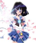  1girl absurdres back_bow bishoujo_senshi_sailor_moon bishoujo_senshi_sailor_moon_crystal black_hair blue_bow blue_choker blue_ribbon blue_sailor_collar blue_skirt bow brooch brown_bow choker circlet closed_mouth cowboy_shot earrings elbow_gloves gloves highres holding holding_polearm holding_weapon jewelry layered_skirt looking_at_viewer petals pleated_skirt polearm puffy_sleeves ribbon riccardo_bacci sailor_collar sailor_saturn sailor_senshi_uniform see-through see-through_sleeves short_hair silence_glaive simple_background skirt smile solo standing star_(symbol) star_brooch star_choker star_earrings super_sailor_saturn_(stars) tomoe_hotaru violet_eyes weapon white_background white_gloves 