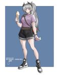 1girl absurdres alternate_costume arknights black_shorts blue_background border breasts earrings full_body grey_eyes grey_footwear grey_hair head_wings highres holding_ice_cream_cone irene_(arknights) jewelry long_hair looking_at_viewer medium_breasts outside_border ponytail purple_shirt purple_t-shirt scar scar_across_eye shirt shirt_tucked_in shoes short_sleeves shorts simple_background sneakers solo standing t-shirt very_long_hair white_border wings yosua_0669