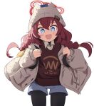  1girl :d absurdres alternate_costume backpack bag blue_archive blue_eyes blue_shorts commentary_request hair_between_eyes halo hat highres hood hooded_jacket jacket kittenlochen long_hair long_sleeves looking_at_viewer low_twintails maki_(blue_archive) maki_(camp)_(blue_archive) official_alternate_costume official_alternate_hairstyle open_clothes open_jacket redhead short_shorts shorts sidelocks simple_background smile solo twintails 