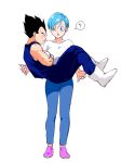  1boy 1girl :o ? biceps black_hair blue_bodysuit blue_eyes blue_hair blue_pants blush bodysuit boots bulma closed_eyes closed_mouth commentary_request crossed_arms crossed_legs dragon_ball eyelashes floating frown gloves husband_and_wife looking_at_another open_mouth pants parted_bangs pink_footwear pny_panya profile shirt shoes short_hair short_sleeves simple_background sleeveless sleeveless_bodysuit speech_bubble spiky_hair spoken_question_mark swept_bangs v-shaped_eyebrows vegeta white_background white_footwear white_gloves white_shirt 
