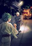  2boys bakugou_katsuki black_footwear black_kimono blonde_hair blurry boku_no_hero_academia bush check_clothing clenched_hand commentary_request curly_hair dated_commentary depth_of_field film_grain floating_clothes floating_hair freckles from_behind glowing green_hair hands_in_opposite_sleeves hands_up highres japanese_clothes kimono lamppost lantern light long_sleeves looking_at_another looking_to_the_side male_focus midoriya_izuku multiple_boys night official_alternate_costume open_mouth outdoors paper_lantern partial_commentary perspective pinstripe_kimono profile red_eyes red_sash sash scar scar_on_arm scar_on_hand short_hair sideways_glance sideways_mouth spiky_hair standing striped striped_kimono sweatdrop tannoci teeth tile_wall tiles upper_teeth_only vanishing_point vertical-striped_kimono vertical_stripes zouri 