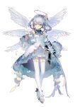  1girl angel_wings commentary detached_sleeves dress english_commentary feathered_wings full_body garter_straps gloves green_eyes grey_hair halo highres layered_dress lobelia_(saclia) looking_at_viewer maimai_(game) multiple_wings short_hair simple_background solo thigh-highs white_background white_dress white_footwear white_gloves white_sleeves white_thighhighs white_wings wings 