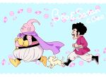  2boys :d afro bee_(dragon_ball) black_eyes black_footwear black_hair blue_background boots candy cape character_name checkerboard_cookie clenched_hands closed_eyes colored_skin commentary_request cookie dog dougi dragon_ball dragon_ball_z facial_hair fat_buu food gloves majin_buu male_focus mr._satan multiple_boys mustache open_mouth outline pants pink_skin pny_panya profile purple_cape running sideburns simple_background smile teeth upper_teeth_only white_outline white_pants yellow_footwear yellow_gloves 