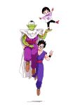  1girl 2boys :d arms_up black-framed_eyewear black_eyes black_hair black_pants black_wristband blunt_bangs blush boots brown_footwear cape carrying child closed_eyes closed_mouth commentary_request dougi dragon_ball dragon_ball_super dragon_ball_super_super_hero eyelashes father_and_daughter fingerless_gloves glasses gloves hand_up hands_up looking_at_viewer multiple_boys namekian no_eyebrows open_mouth pan_(dragon_ball) pants pectorals piccolo pny_panya pointy_ears purple_pants rectangular_eyewear red_footwear red_gloves red_sash sash shirt shoes short_hair short_sleeves shoulder_pads simple_background smile son_gohan spiky_hair standing_on_another&#039;s_hand sweatdrop t-shirt turban v v-shaped_eyebrows violet_eyes white_background white_cape wristband 