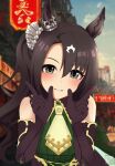  1girl animal_ears black_hair blurry blurry_background blush breasts commentary_request detached_sleeves double_v gloves green_eyes h_stone514 hair_ornament highres horse_ears horse_girl long_hair medium_breasts necktie portrait satono_crown_(umamusume) side_ponytail solo umamusume v 