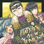  1girl 2024 2boys 793_(oo793oo) ;d alternate_costume black_hair blue_eyes blue_hair fafnir_(fire_emblem) fafnir_(new_year)_(fire_emblem) fire_emblem fire_emblem_heroes happy_new_year japanese_clothes kimono looking_at_viewer multiple_boys official_alternate_costume one_eye_closed otr_(fire_emblem) ponytail reginn_(fire_emblem) reginn_(new_year)_(fire_emblem) smile sweatdrop w yellow_eyes 