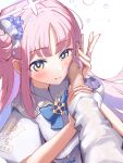  1boy 1girl absurdres blue_archive blue_bow bow capelet flower frilled_ribbon frills gogogoiru hair_bun hair_flower hair_ornament hair_ribbon hand_on_another&#039;s_cheek hand_on_another&#039;s_face highres long_hair looking_at_another mika_(blue_archive) pink_hair purple_flower ribbon shirt simple_background single_side_bun smile solo_focus white_background white_capelet white_ribbon white_shirt yellow_eyes 