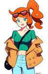  1girl absurdres aqua_eyes aqua_shirt breasts brown_coat coat collarbone eyewear_on_head hair_ornament heart heart_hair_ornament highres medium_breasts midriff orange-tinted_eyewear orange_hair pokemon pokemon_swsh ribbed_shirt shirt short_sleeves side_ponytail smgold solo sonia_(pokemon) sunglasses swept_bangs tinted_eyewear v-neck 