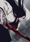  1girl anno_im black_hair bleach blood blood_on_weapon commentary_request cowboy_shot grey_background haori holding holding_sword holding_weapon japanese_clothes kimono long_hair looking_at_viewer solo sword unohana_retsu weapon 