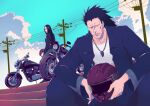  1boy 1girl anno_im black_pants bleach blue_sky clouds commentary_request helmet highres jacket jewelry long_hair looking_at_viewer looking_to_the_side motor_vehicle motorcycle motorcycle_helmet necklace pants shirt sitting sky stairs unohana_retsu white_shirt zaraki_kenpachi 