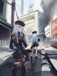  1other 2girls assault_rifle beret black_footwear black_headwear black_thighhighs blue_hair building car city closed_mouth contrapposto danraz0r english_commentary facing_away fire_escape g11_(girls&#039;_frontline) girls_frontline gloves green_eyes grey_hair gun h&amp;k_g11 h&amp;k_hk416 hat highres hk416_(girls&#039;_frontline) holding holding_gun holding_radio holding_weapon holster light_blue_hair long_hair long_sleeves looking_to_the_side military motor_vehicle multiple_girls outdoors paid_reward_available power_lines profile radio_antenna red_eyes rifle road ruins sketch_background skirt standing street thigh-highs thigh_holster trigger_discipline utility_pole weapon white_gloves wide_shot zettai_ryouiki 