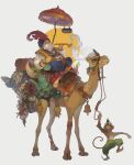  1boy absurdres animal braid braided_beard camel closed_eyes facial_hair feathers grey_background highres monkey original plant potted_plant red_feathers riding riding_animal sauna_posa smoke smoking smoking_pipe solo umbrella white_beard wide_shot 