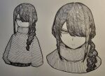  1girl braid chainsaw_man commentary epeulu_(ate5424) greyscale hair_over_one_eye hair_over_shoulder highres marker_(medium) monochrome nayuta_(chainsaw_man) ringed_eyes serious sidelocks single_braid sweater traditional_media turtleneck turtleneck_sweater upper_body 