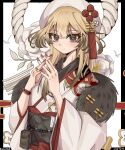  1girl beret blonde_hair blush brown_eyes girls_frontline hands_up hat japanese_clothes kimono long_hair looking_at_viewer m110_(girls&#039;_frontline) official_alternate_costume red_nails shai_yanchang smile solo upper_body white_headwear 