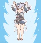  1girl arms_up blue_background blue_hair coroha fins fish_girl fish_tail full_body head_fins japanese_clothes jinmen-gyo_(kemono_friends) jumping kemono_friends kimono long_hair looking_at_viewer mask ribbon simple_background solo tail water zouri 