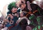  2boys alternate_eye_color aqua_bodysuit bakugou_katsuki belt belt_pouch black_mask black_pants black_whip_(boku_no_hero_academia) blonde_hair blue_gloves blurry blurry_background blurry_foreground boku_no_hero_academia bright_pupils chiyaya dutch_angle eye_mask foreshortening freckles from_side furrowed_brow gloves green_eyes green_gloves green_hair hair_between_eyes hand_on_another&#039;s_shoulder hand_on_ground hand_on_own_stomach hands_up headgear high_collar highres knee_guards knees_up leaning_forward looking_at_another male_focus midoriya_izuku multiple_boys open_hand open_mouth orange_eyes orange_gloves pants pouch profile red_belt rubble sanpaku short_hair single_horizontal_stripe snap-fit_buckle spiky_hair sweatdrop tendril two-tone_gloves upper_body utility_belt v-shaped_eyebrows white_pupils worried wrist_guards x 