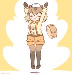  1girl animal_ears arms_up belt bow bowtie brown_hair capybara_(kemono_friends) capybara_ears capybara_girl coroha extra_ears full_body gloves jumping kemono_friends looking_at_viewer shirt shoes short_hair shorts simple_background solo suspenders tenugui thigh-highs yellow_background 