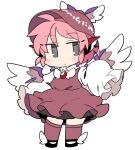  1girl animal_ears bird_ears bird_wings black_footwear blush brown_dress brown_headwear brown_socks closed_mouth dress frilled_dress frills full_body grey_eyes hat ini_(inunabe00) looking_at_viewer mystia_lorelei pink_hair shoes short_hair simple_background sleeves_past_fingers sleeves_past_wrists socks solo touhou white_background white_wings wide_sleeves winged_hat wings 