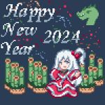  1girl 2024 :d bamboo capelet chinese_zodiac dragon dress english_text full_body grey_hair hair_bobbles hair_ornament happy_new_year kadomatsu long_hair long_sleeves looking_at_viewer new_year nukekip one_side_up open_mouth pixel_art red_capelet red_dress shinki_(touhou) side_ponytail smile solo touhou touhou_(pc-98) year_of_the_dragon 