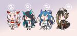  1boy 3girls ;d alcohol arknights arm_tattoo arm_wrap bandeau bead_bracelet beads black_jacket black_skin blue_eyes blue_hair blush boots bottle bracelet brother_and_sister brown_hair chibi china_dress chinese_clothes chong_yue_(arknights) colored_skin cup dragon_boy dragon_girl dragon_horns dragon_tail dress dusk_(arknights) earrings fang flame-tipped_tail green_skin grey_background hair_over_one_eye holding holding_cup holding_gourd horns jacket jewelry kyo_zip leg_tattoo ling_(arknights) multiple_girls necktie nian_(arknights) off-shoulder_jacket off_shoulder one_eye_closed one_eye_covered open_clothes open_jacket open_mouth pointy_ears ponytail red_bandeau red_eyes red_necktie red_skin shirt shorts siblings simple_background sisters skin_fang smile tail tassel tassel_earrings tattoo violet_eyes white_dress white_footwear white_hair white_jacket white_shirt white_shorts yellow_necktie 