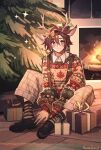  1boy absurdres alternate_costume animal_ears antlers blush christmas_present christmas_sweater christmas_tree deer_ears fireplace genshin_impact gift green_eyes hair_between_eyes highres male_focus nekojinnyart redhead shikanoin_heizou socks solo striped striped_socks 