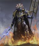  1boy adeptus_astartes aquila_(symbol) armor banner blue_armor fire gold_trim highres holding holding_banner holding_sword holding_weapon nn128841 pauldrons power_armor power_sword purity_seal science_fiction shoulder_armor solo sword ultramarines warhammer_40k weapon 