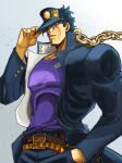  1boy araki_hirohiko_(style) black_hair blue_eyes earrings from_side gakuran hand_in_pocket highres jewelry jojo_no_kimyou_na_bouken kujo_jotaro long_coat looking_at_viewer looking_to_the_side male_focus muscular muscular_male sakata_s2023 school_uniform solo stardust_crusaders 