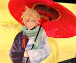  1boy blonde_hair blue_eyes closed_mouth cloud_strife cloud_strife_(official_festive_garb) crossed_arms final_fantasy final_fantasy_vii final_fantasy_vii_ever_crisis final_fantasy_vii_remake flower_knot hair_between_eyes holding holding_umbrella japanese_clothes light_smile lurowono male_focus official_alternate_costume oil-paper_umbrella scarf short_hair signature solo spiky_hair two-tone_kimono umbrella upper_body wide_sleeves yellow_background 