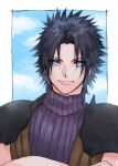  1boy ah_yoshimizu armor black_hair blue_eyes blue_sky clouds cloudy_sky commentary_request crisis_core_final_fantasy_vii crossed_arms day final_fantasy final_fantasy_vii looking_at_viewer male_focus muscular muscular_male outdoors parted_bangs pauldrons purple_sweater short_hair shoulder_armor sky sleeveless sleeveless_turtleneck smile solo spiky_hair suspenders sweater turtleneck upper_body zack_fair 