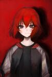  1girl absurdres black_shirt brown_eyes chinosuke_(o_j_o_p) highres idolmaster idolmaster_cinderella_girls jacket looking_at_viewer murakami_tomoe open_clothes open_jacket red_background redhead shirt short_hair sketch smile solo upper_body 