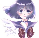  1girl bishoujo_senshi_sailor_moon black_hair bow brooch brown_bow choker circlet earrings happy_birthday highres jewelry light_smile looking_at_viewer magical_girl pink_lips portrait purple_choker purple_sailor_collar sailor_collar sailor_saturn sailor_senshi_uniform short_hair simple_background solo star_(symbol) star_brooch star_choker straight-on tomoe_hotaru tsumagari_yuki upper_body violet_eyes white_background 