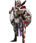  1boy black_mask bruno_(winter)_(fire_emblem) candy candy_cane dark-skinned_male dark_skin fire_emblem fire_emblem_heroes food gloves gold gold_trim grey_hair hat highres holding holding_candy holding_candy_cane holding_food holding_sack looking_at_viewer mask non-web_source official_alternate_costume official_art purple_gloves sack santa_costume santa_hat smile solo 