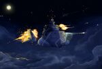  aircraft airship battle check_commentary clouds commentary_request cruiser destroyer explosion firing military military_vehicle naval_battle navy night no_humans original ship torasan_mama torpedo warship watercraft 