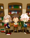  1girl 2boys ahoge backpack bag black_coat black_thighhighs book book_stack bookshelf brown_footwear brown_hair brown_pants chair closed_mouth coat danganronpa_(series) danganronpa_2:_goodbye_despair green_coat green_necktie grey_eyes hair_ornament hinata_hajime hitofutarai holding holding_book indoors komaeda_nagito library multiple_boys nanami_chiaki necktie on_chair pants pink_footwear reading shirt short_hair sitting skirt solid_oval_eyes thigh-highs thinking white_footwear white_hair white_shirt white_skirt 