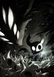  arthropod_boy blank_eyes bug cloak fuifui glowing glowing_eyes highres holding_lamp hollow_knight horned_mask knight_(hollow_knight) lamp mask multiple_others shade_(hollow_knight) shadow void_entity_(hollow_knight) 