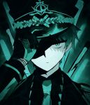  1boy aqua_eyes aqua_gloves aqua_hair aqua_necktie black_coat black_gloves black_hair black_headwear black_shirt closed_mouth coat collared_shirt e.g.o_(project_moon) epaulettes gloves hand_up hat highres k_corp limbus_company looking_at_viewer military_hat necktie portrait project_moon samjo_(project_moon) shirt solo two-tone_gloves 