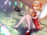  1girl ascot blonde_hair bloomers breasts collared_shirt flandre_scarlet full_body glowing glowing_wings hat hat_ribbon knees_together_feet_apart mary_janes medium_hair mob_cap multicolored_wings pigeon-toed puffy_short_sleeves puffy_sleeves red_eyes red_footwear red_ribbon red_skirt red_vest ribbon ryuu_no_nukegara shirt shoes short_sleeves simple_background skirt small_breasts socks solo touhou vest white_bloomers white_headwear white_shirt white_socks wings yellow_ascot 