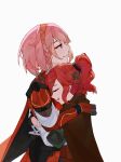  2girls absurdres anna_(fire_emblem) black_gloves brown_cape brown_gloves cape closed_mouth commentary fire_emblem fire_emblem_engage gloves highres hug lapis_(fire_emblem) mariirasuto7 medium_hair multiple_girls pink_hair ponytail red_cape red_eyes redhead simple_background smile white_background 