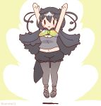  1girl arms_up bird_girl bird_tail black_hair bow bowtie cape coroha full_body hat jumping kemono_friends looking_at_viewer navel pantyhose shoes short_hair shorts simple_background solo tail tank_top western_parotia_(kemono_friends) 