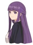  1girl blunt_bangs commentary fern_(sousou_no_frieren) from_side highres long_hair looking_at_viewer looking_to_the_side purple_hair sakata_s2023 simple_background smile solo sousou_no_frieren upper_body violet_eyes white_background 