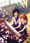 2girls ahoge bird braid breasts brown_hair cherry_blossoms curtains floor flower from_above grass highres indoors instrument itou_hachi long_hair long_sleeves looking_at_another medium_breasts moss multiple_girls music non-web_source original overgrown petals piano playing_instrument playing_piano pleated_skirt purple_hair red_eyes scan school_uniform short_sleeves sitting skirt smile twin_braids twintails violet_eyes window window_shade wooden_floor yellow_flower 