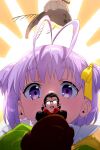  1boy 1girl antenna_hair beryl_gut black_hair breasts brown_gloves cernunnos_(fate) dress echo_(circa) fate/grand_order fate_(series) giant giantess glasses gloves green_dress hair_ribbon long_sleeves murian_(fate) pointy_ears purple_hair ribbon short_hair small_breasts two_side_up violet_eyes yellow_ribbon 