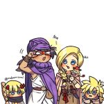  2boys 2girls adjusting_eyewear asymmetrical_sleeves belt belt_bag bianca_(dq5) black_hair blonde_hair blue_eyes blunt_bangs blush borongo bow bracelet braid brown_dress cape child cloak cosplay danjo_(yoshihiko) dark-skinned_male dark_skin dragon_quest dragon_quest_v dress facial_hair family father_and_daughter father_and_son hair_bow hand_up hero&#039;s_daughter_(dq5) hero&#039;s_son_(dq5) hero_(dq5) highres holding holding_staff husband_and_wife jewelry long_hair looking_at_another low_ponytail merebu merebu_(cosplay) mother_and_daughter mother_and_son multiple_boys multiple_girls murasaki_(yoshihiko) murasaki_(yoshihiko)_(cosplay) nabenko necklace open_mouth parody purple_cape purple_cloak purple_headwear red_bow scarf short_hair siblings single_braid spiky_hair staff standing turban twins twitter_username white_background white_tunic yoshihiko yoshihiko_(cosplay) yuusha_yoshihiko_to_maou_no_shiro 