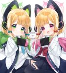  2girls animal_ear_headphones animal_ears aqua_bow black_shorts black_skirt black_thighhighs blonde_hair blue_archive blue_necktie blush bow cat_ear_headphones fake_animal_ears green_eyes green_halo green_hood hair_bow halo handheld_game_console hands_up headphones heart highres holding holding_handheld_game_console jacket looking_at_viewer low-tied_sidelocks midori_(blue_archive) momoi_(blue_archive) multiple_girls nanakusa_yomogi necktie nintendo_switch open_mouth pink_eyes pink_halo pink_hood pixel_heart red_bow shirt short_hair shorts siblings sisters sitting skirt smile suspenders thigh-highs twins wariza white_background white_jacket white_shirt 