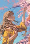  1girl absurdres bare_shoulders blue_sky brown_hair cherry_blossoms closed_eyes hanami highres jenmin12 long_hair open_mouth original shirt sky solo spring_(season) yellow_shirt 