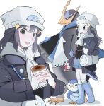  1girl alternate_color beanie bird black_hair black_jacket blue_skin blush colored_skin commentary commentary_request empoleon grey_eyes hat highres hikari_(pokemon) jacket long_hair looking_at_viewer memoji_7672 mixed-language_commentary multiple_views open_mouth penguin piplup pokemon pokemon_(creature) pokemon_dppt smile teeth upper_teeth_only v-shaped_eyebrows white_background white_headwear 