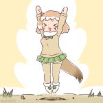  1girl animal_ears arms_up black-tailed_prairie_dog_(kemono_friends) bow bowtie brown_background brown_hair cardigan coroha extra_ears full_body jumping kemono_friends looking_at_viewer prairie_dog_girl scarf shoes short_hair simple_background skirt solo tail thigh-highs 