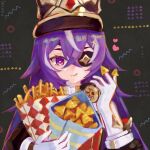  1girl :q black_background black_headwear chevreuse_(genshin_impact) commentary_request eyepatch food french_fries genshin_impact gloves grey_hair hair_between_eyes hat highres holding holding_food konpeki_(kon_peki) long_hair looking_at_viewer multicolored_hair purple_hair shako_cap smile solo streaked_hair tongue tongue_out upper_body very_long_hair violet_eyes white_gloves 